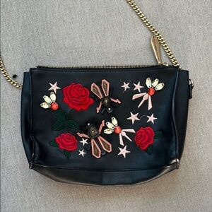 Zara Embroidered Black faux Leather Shoulder Bag